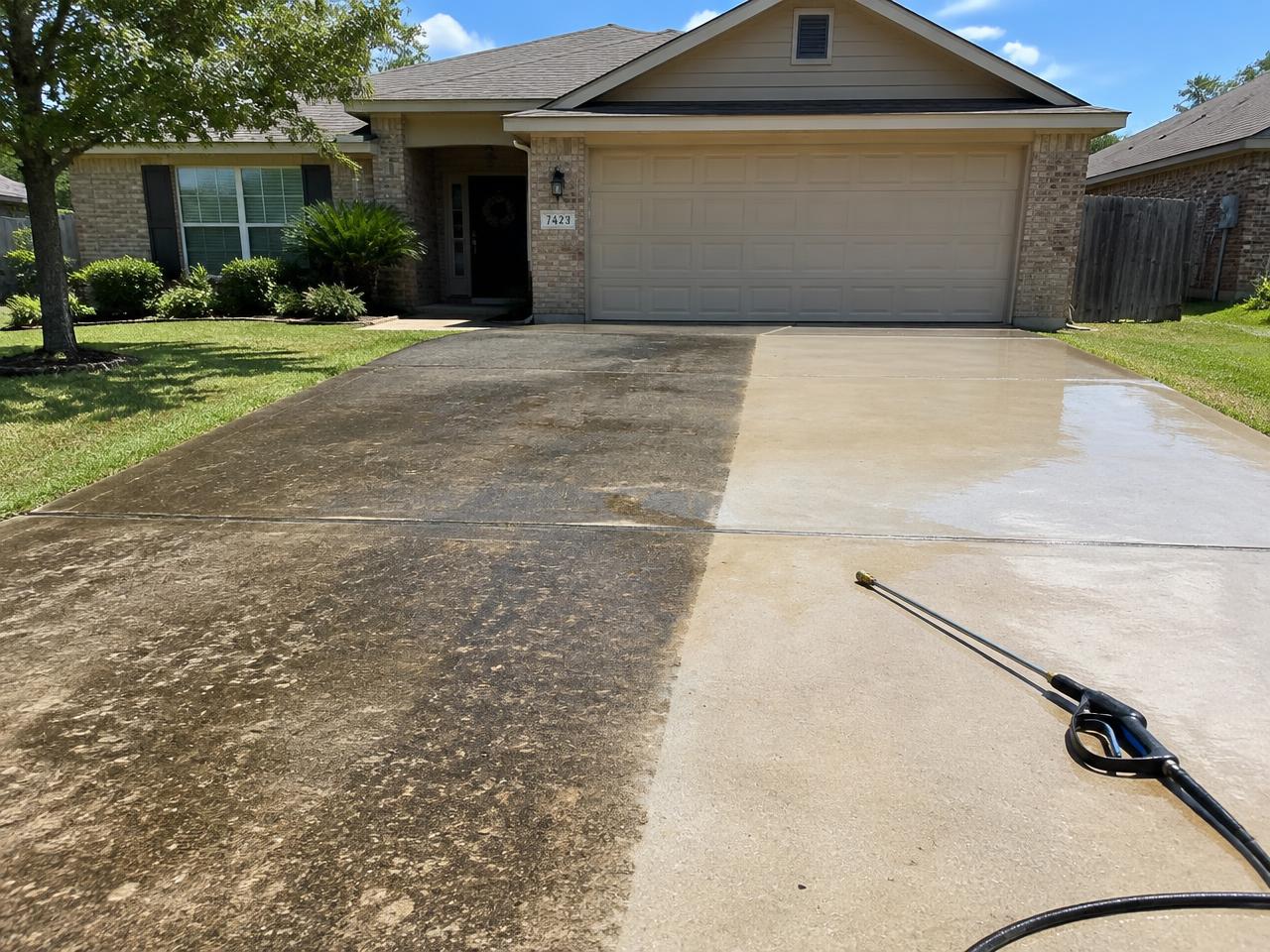 Driveway half pressure washed showing the clean difference (illustrative image)
