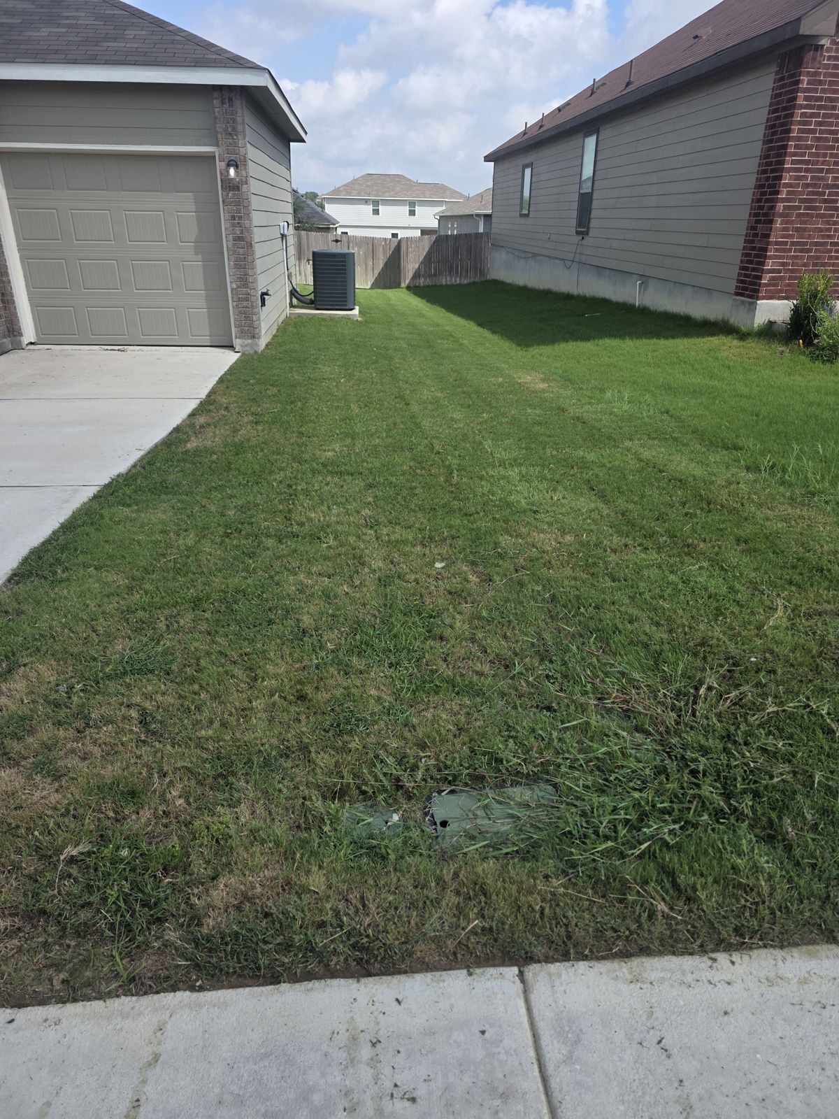 Front lawn of a San Antonio home with freshly cut green grass beside the driveway